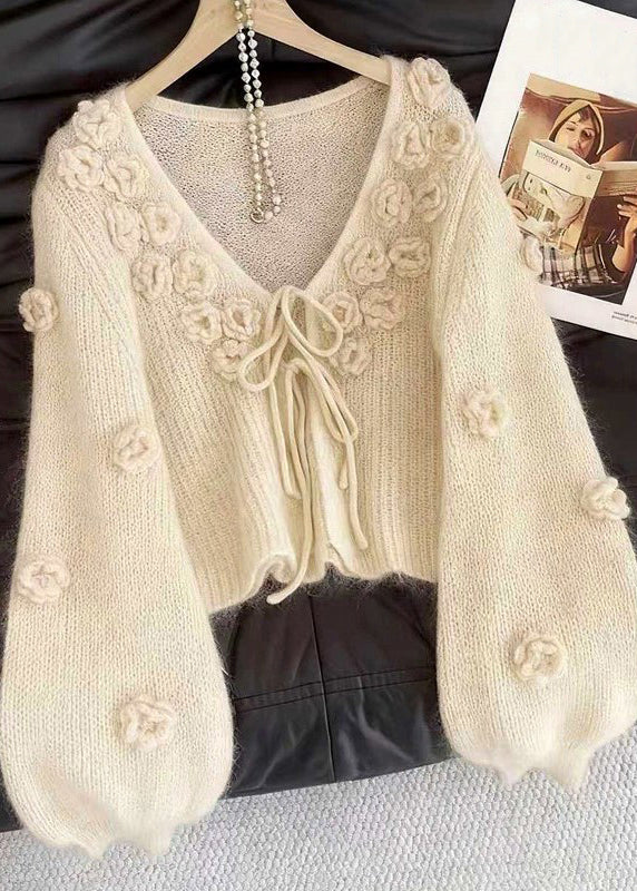 Floral Beige V Neck Lace Up Cozy Knit Cardigan - Image 4