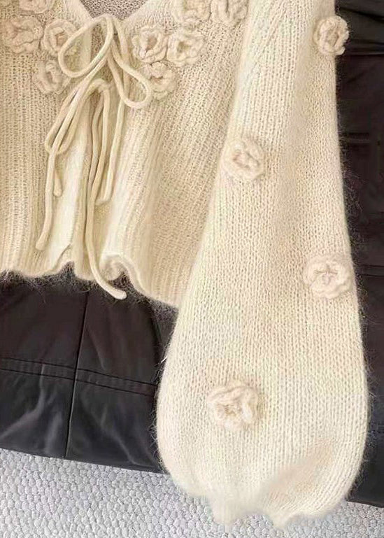 Floral Beige V Neck Lace Up Cozy Knit Cardigan - Image 5