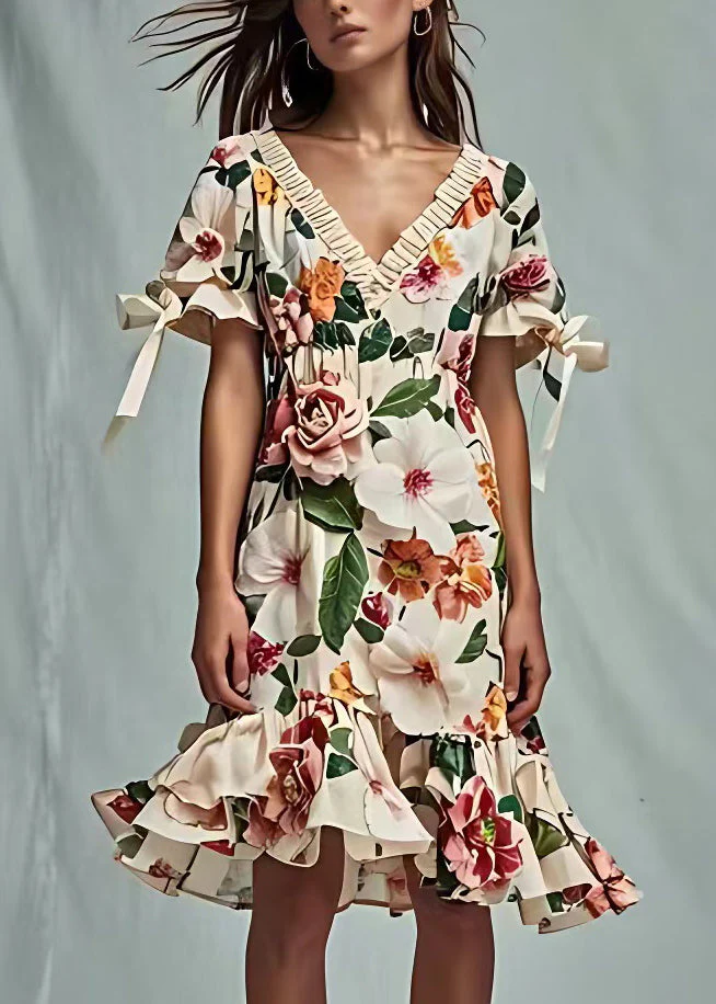 Floral Beige V Neck Print Cotton Dresses Short Sleeve - Image 2