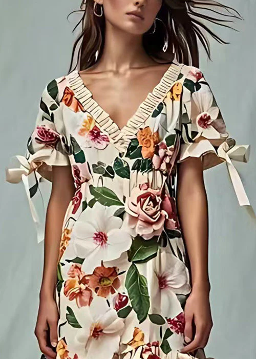 Floral Beige V Neck Print Cotton Dresses Short Sleeve - Image 3