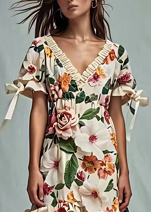 Floral Beige V Neck Print Cotton Dresses Short Sleeve - Image 4