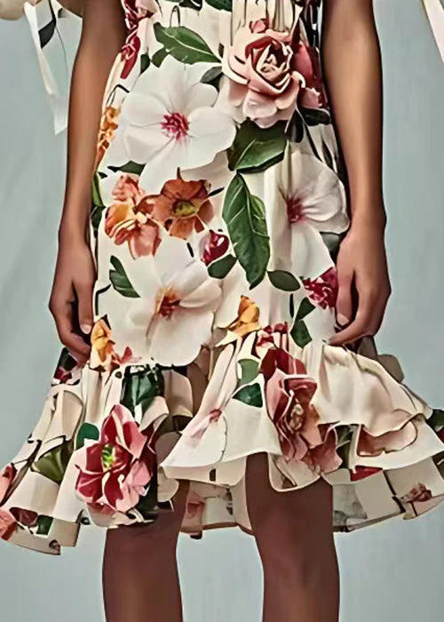 Floral Beige V Neck Print Cotton Dresses Short Sleeve - Image 5