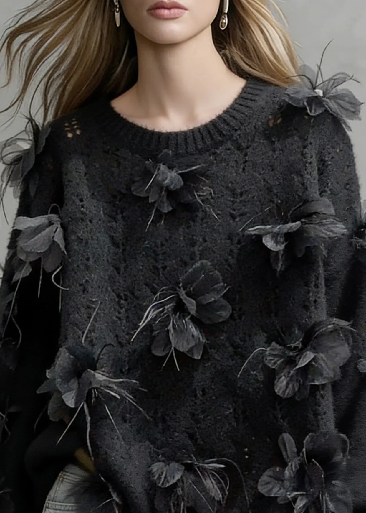Floral Black O-Neck Hollow Out Knit Sweaters - Image 3