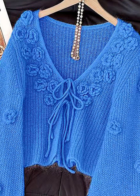 Floral Blue V Neck Lace Up Cozy Knit Cardigans Fall - Image 2
