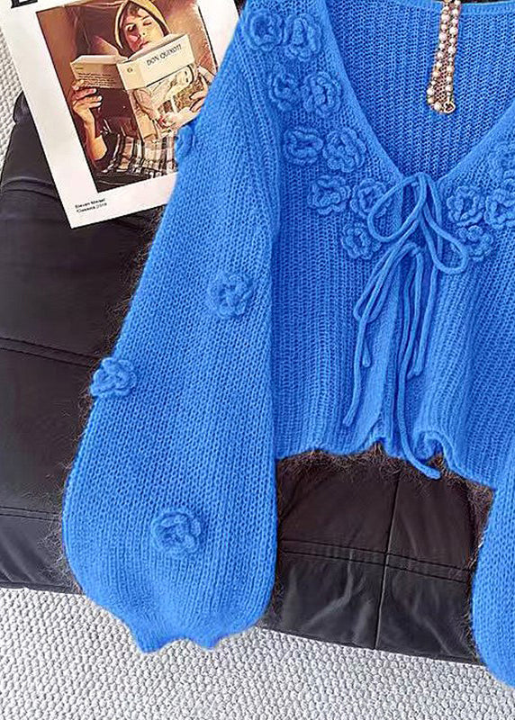 Floral Blue V Neck Lace Up Cozy Knit Cardigans Fall - Image 3