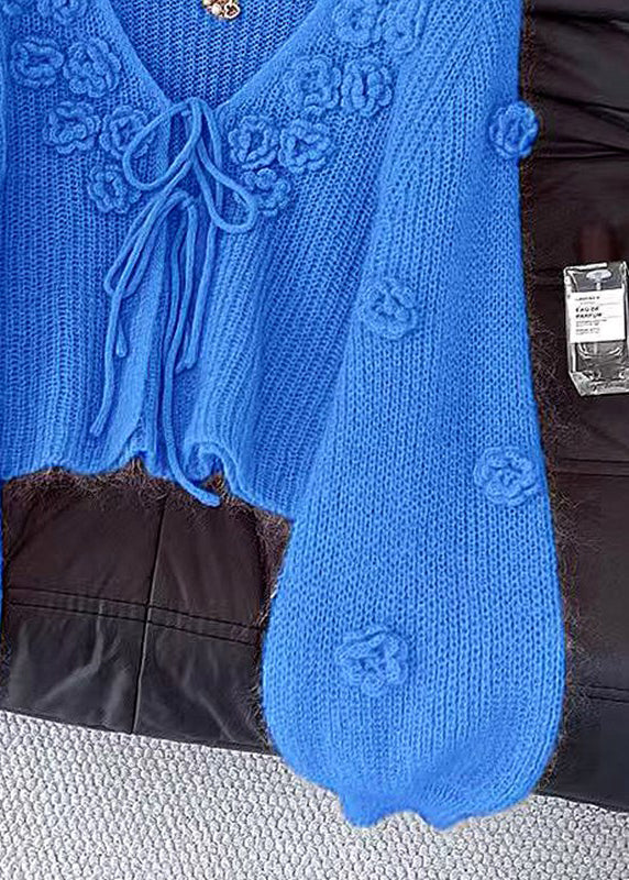 Floral Blue V Neck Lace Up Cozy Knit Cardigans Fall - Image 4