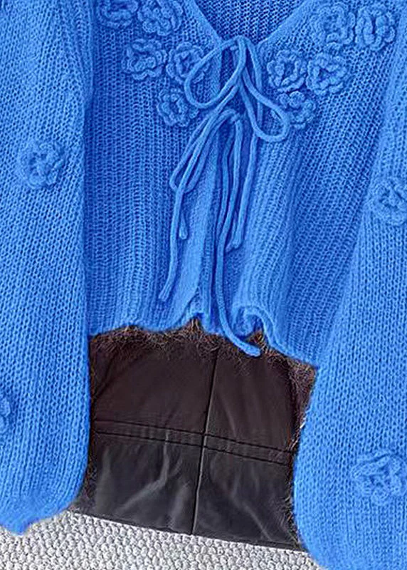 Floral Blue V Neck Lace Up Cozy Knit Cardigans Fall - Image 5