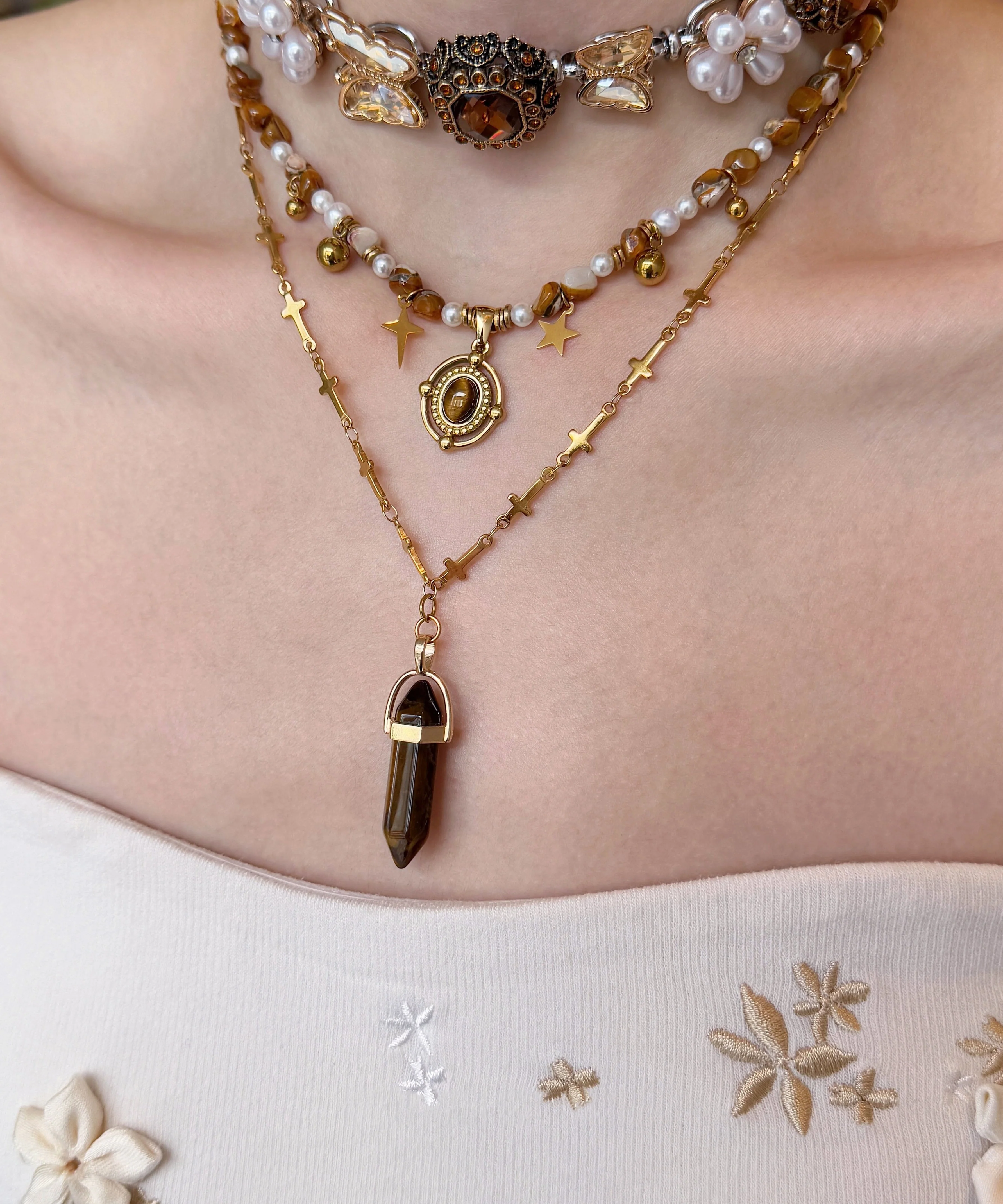 Floral Brown Tiger's Eye Pearl Butterfly Titanium Steel Three Piece Set Pendant Necklace - Image 4