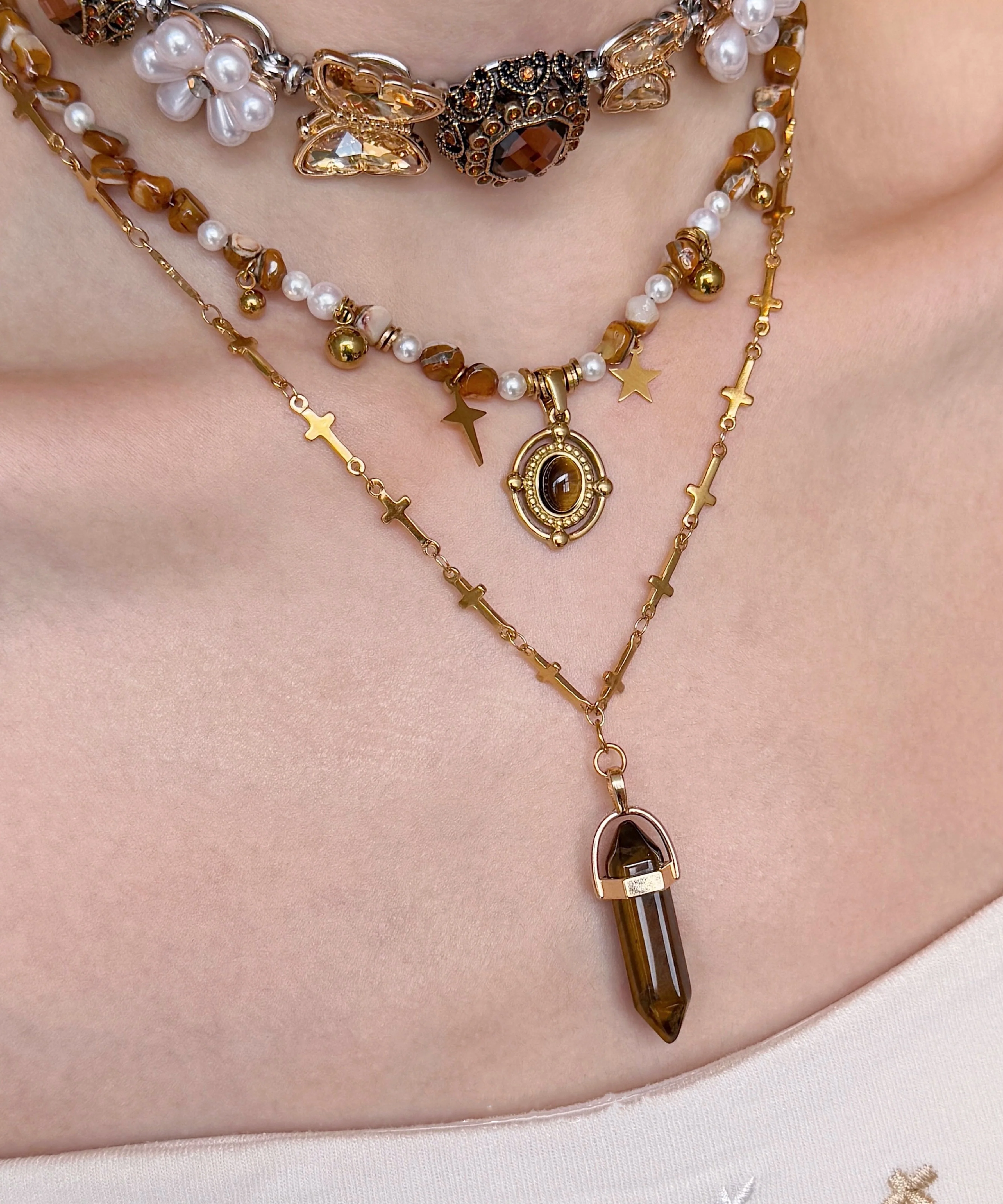 Floral Brown Tiger's Eye Pearl Butterfly Titanium Steel Three Piece Set Pendant Necklace - Image 5