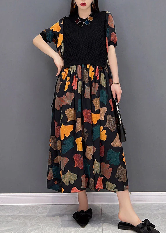 Floral Colour O-Neck Print Pleated Dress Short Sleeve - Image 2