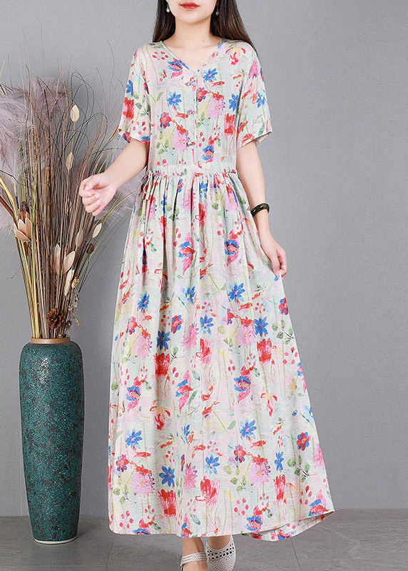 Floral Colour V Neck Print Wrinkled Linen Dress Short Sleeve - Image 2
