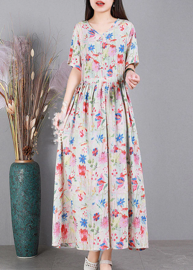 Floral Colour V Neck Print Wrinkled Linen Dress Short Sleeve - Image 3