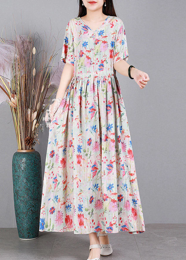 Floral Colour V Neck Print Wrinkled Linen Dress Short Sleeve - Image 4