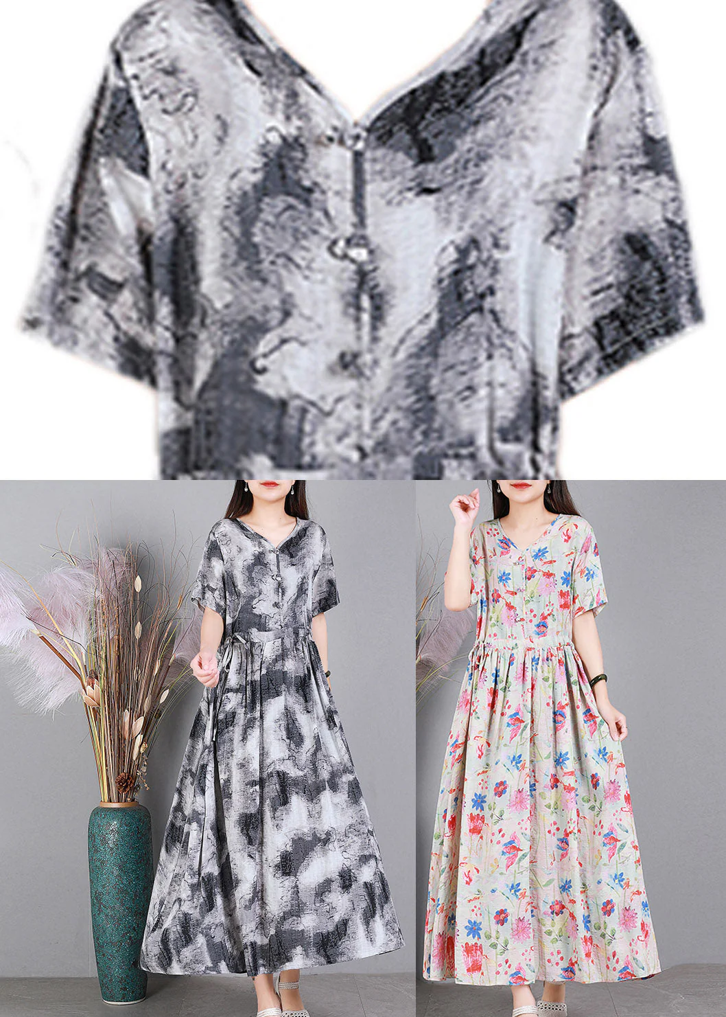 Floral Colour V Neck Print Wrinkled Linen Dress Short Sleeve - Image 5