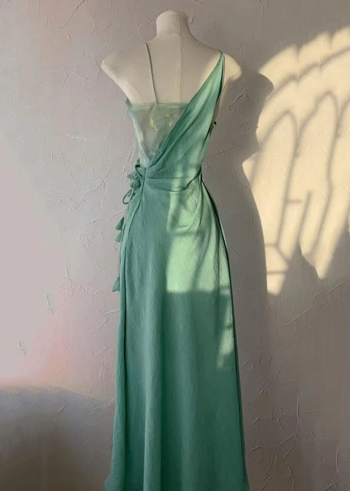 Floral Green Asymmetrical Lace Up Cotton Long Dress Sleeveless - Image 2