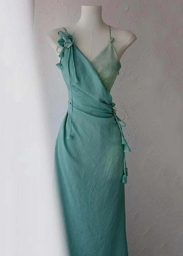 Floral Green Asymmetrical Lace Up Cotton Long Dress Sleeveless - Image 3