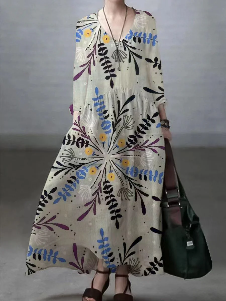 Floral-Green Simple and Loose V-neck Cotton and Linen Dress - Image 8