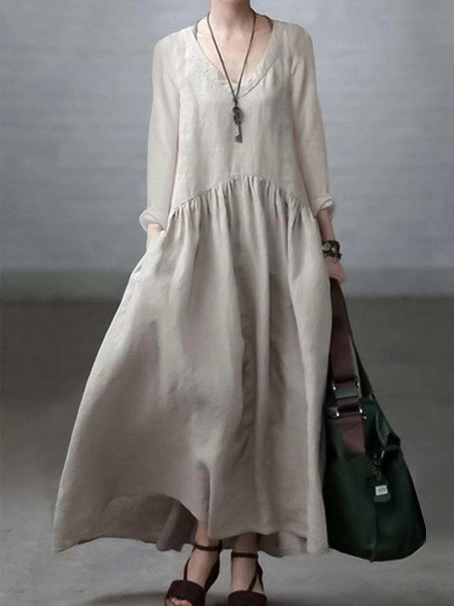 Floral-leaves Simple and Loose V-neck Cotton and Linen Dress - Image 3