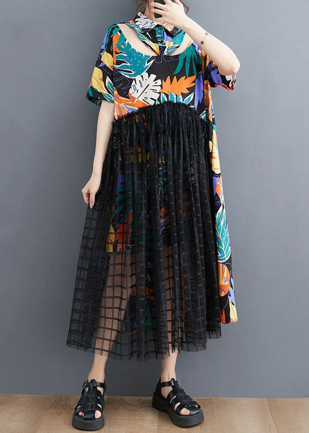 Floral Patchwork Long Tulle Shirts Dress Wrinkled Short Sleeve - Image 2