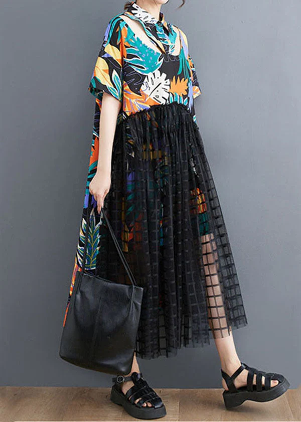 Floral Patchwork Long Tulle Shirts Dress Wrinkled Short Sleeve - Image 3