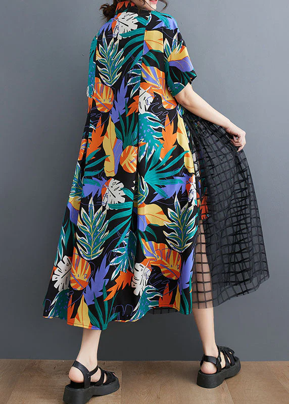 Floral Patchwork Long Tulle Shirts Dress Wrinkled Short Sleeve - Image 4