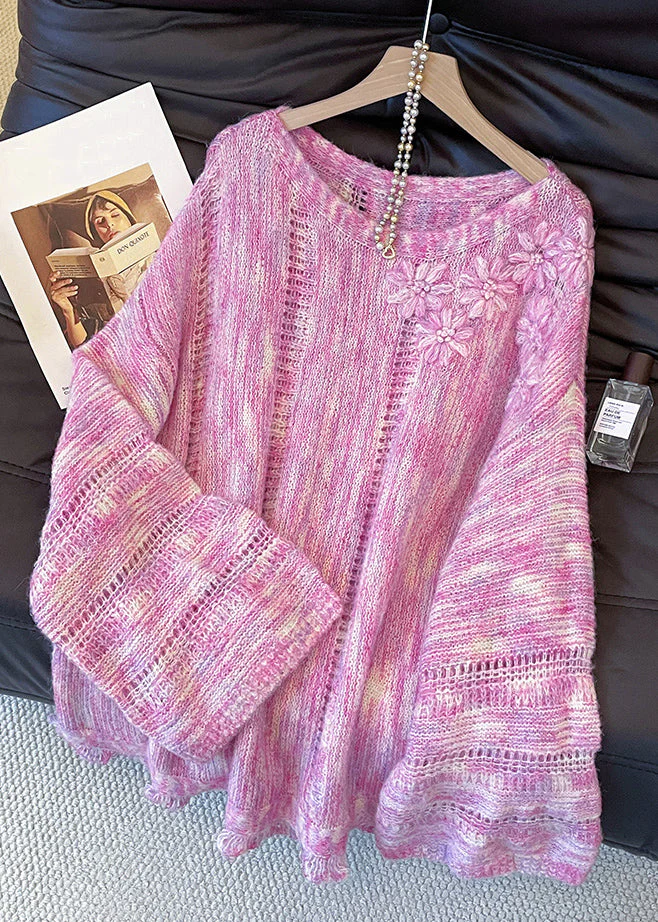 Floral Pink Hollow Out Cozy Knit Sweater Tops Fall - Image 2