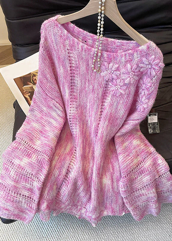 Floral Pink Hollow Out Cozy Knit Sweater Tops Fall - Image 3
