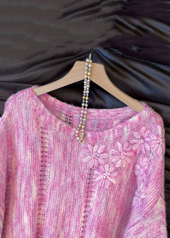 Floral Pink Hollow Out Cozy Knit Sweater Tops Fall - Image 4