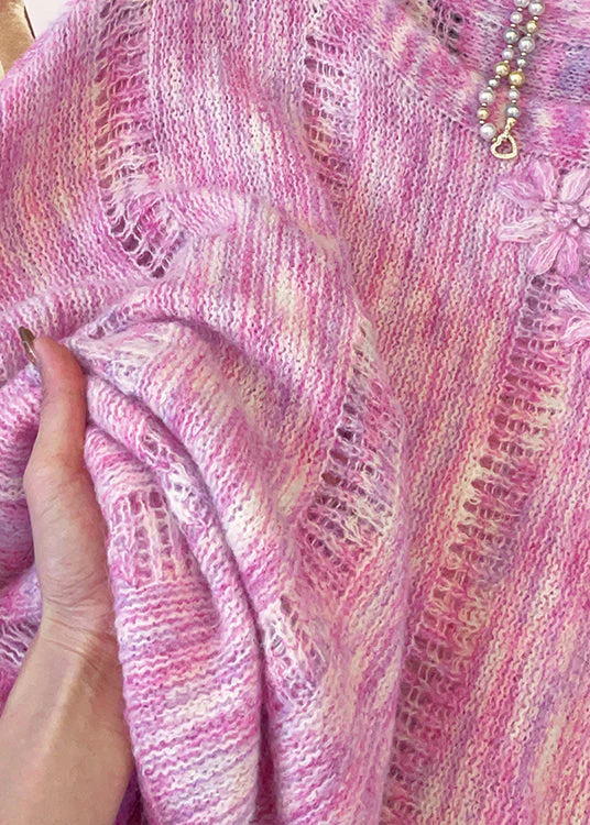 Floral Pink Hollow Out Cozy Knit Sweater Tops Fall - Image 5