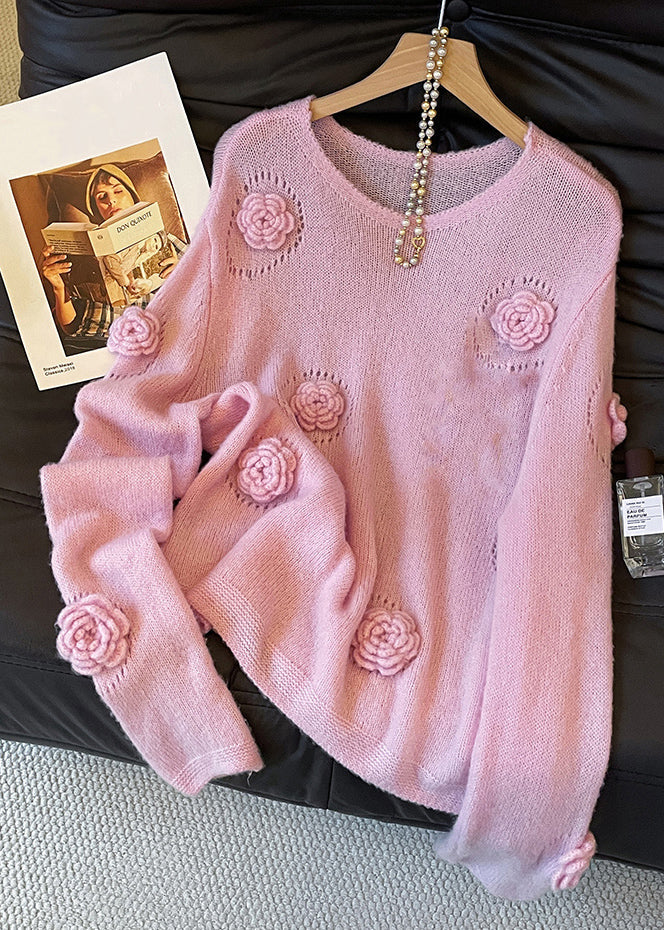 Floral Pink O Neck Hollow Out Cozy Knit Sweater Fall - Image 2