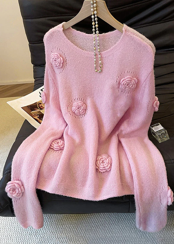 Floral Pink O Neck Hollow Out Cozy Knit Sweater Fall - Image 3
