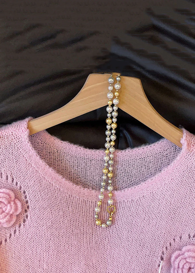 Floral Pink O Neck Hollow Out Cozy Knit Sweater Fall - Image 4