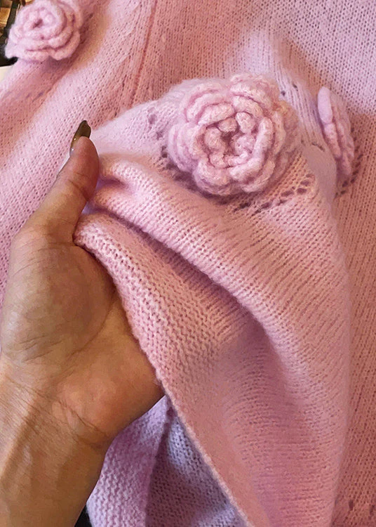 Floral Pink O Neck Hollow Out Cozy Knit Sweater Fall - Image 5