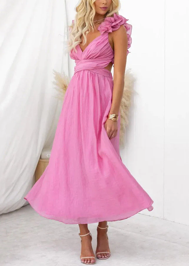 Floral Pink V Neck Lace Up Cotton Long Dress Sleeveless - Image 2