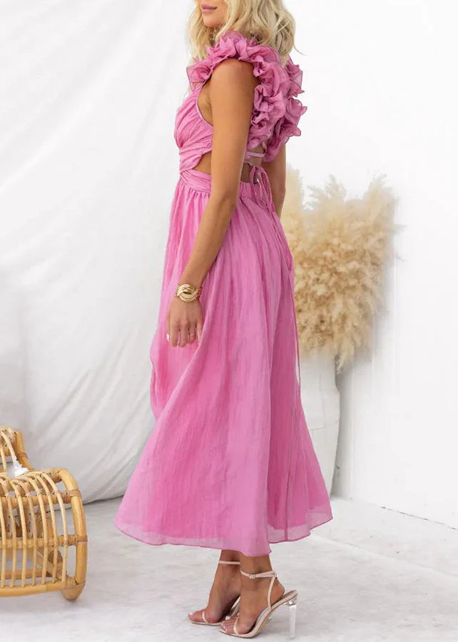 Floral Pink V Neck Lace Up Cotton Long Dress Sleeveless - Image 3