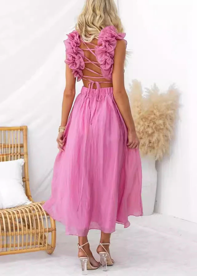 Floral Pink V Neck Lace Up Cotton Long Dress Sleeveless - Image 4