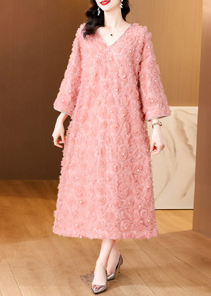 Floral Pink V Neck Nail Bead Tulle Long Dresses Spring - Image 3