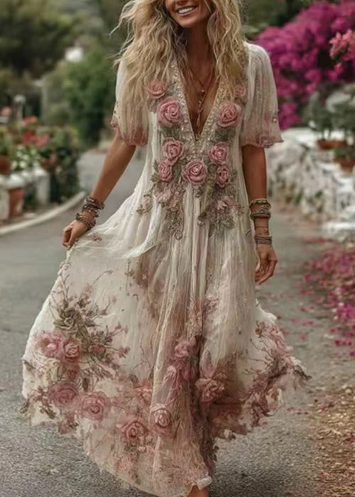 Floral Pink V Neck Print Maxi Dress Summer - Image 3
