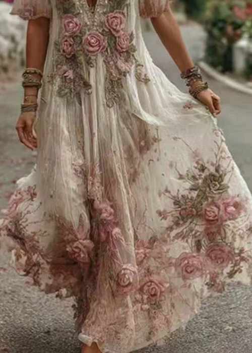 Floral Pink V Neck Print Maxi Dress Summer - Image 4