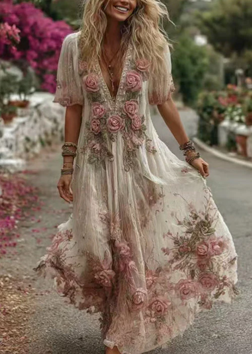 Floral Pink V Neck Print Maxi Dress Summer - Image 5