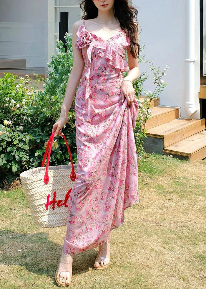 Floral Pink V Neck Print Spaghetti Strap Dress Sleeveless - Image 2