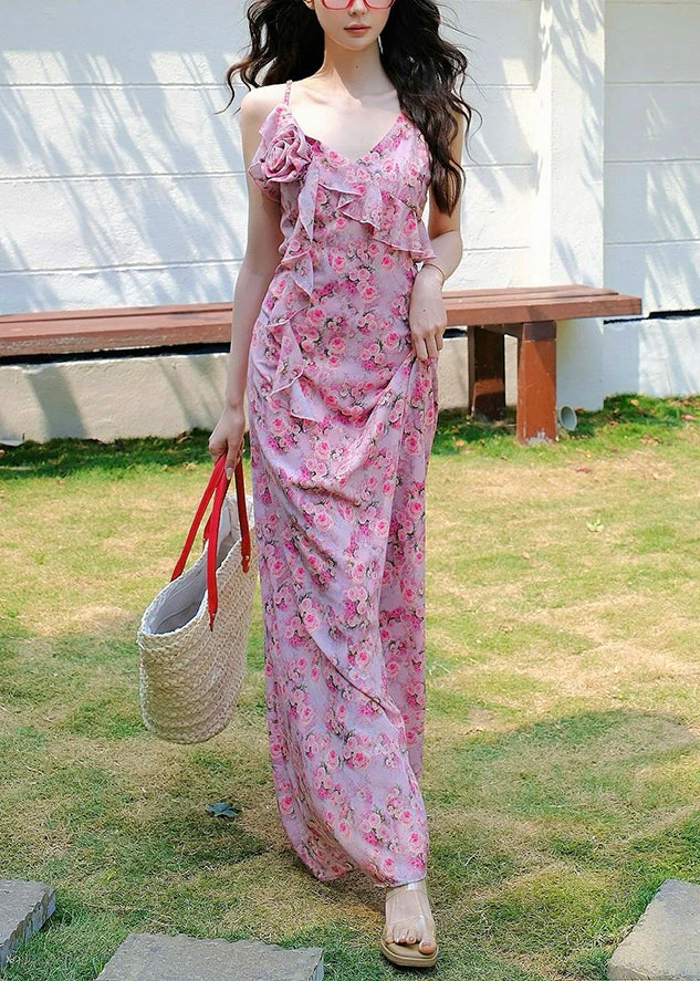 Floral Pink V Neck Print Spaghetti Strap Dress Sleeveless - Image 3