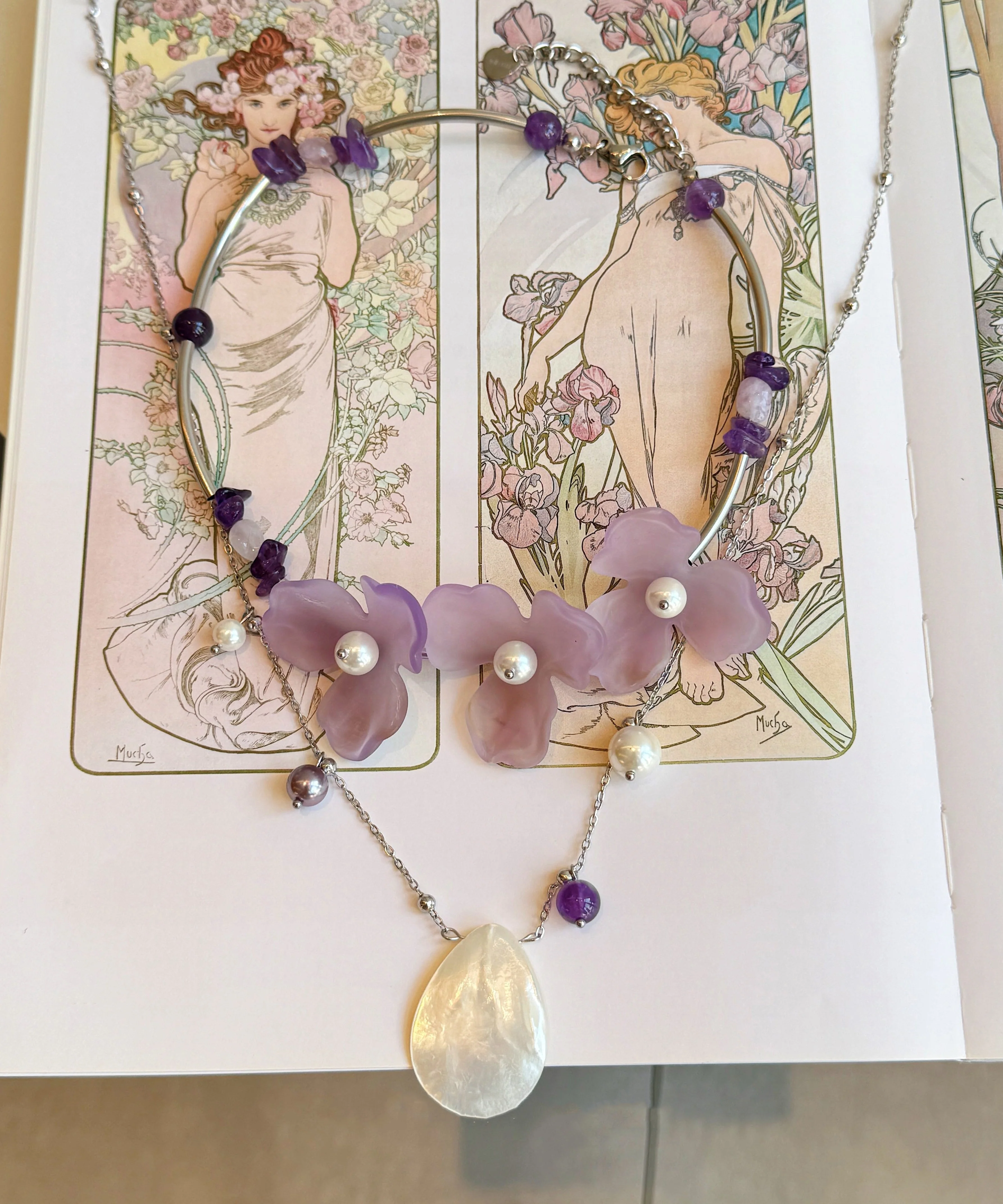 Floral Purple Pearl Shell Alloy Two Piece Set Pendant Necklace - Image 5