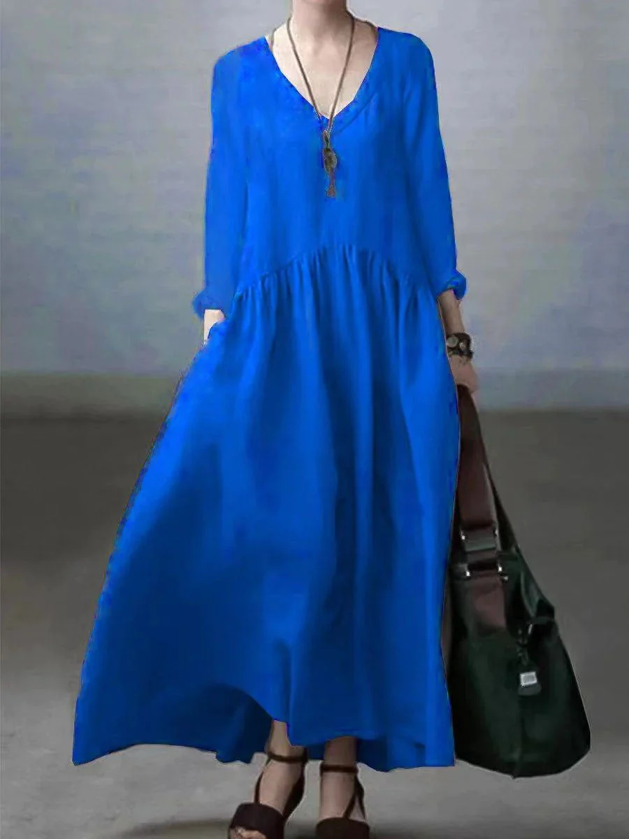 Floral-red flower Simple and Loose V-neck Cotton and Linen Dress - Image 9