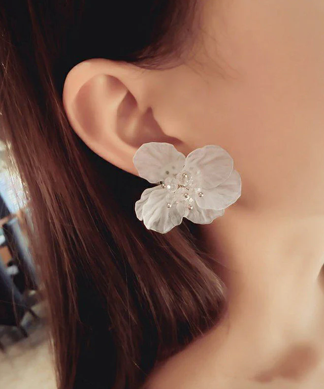 Floral White Crystal Petal Exaggeration Alloy Stud Earrings - Image 3