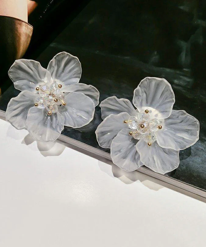 Floral White Crystal Petal Exaggeration Alloy Stud Earrings - Image 5