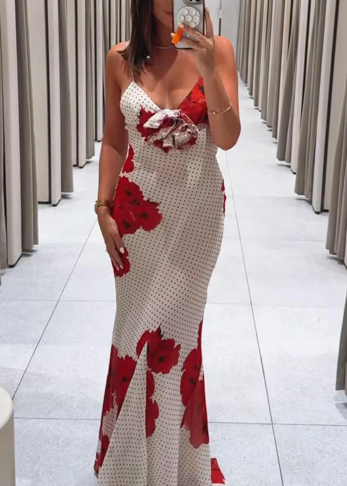 Floral White V Neck Print Chiffon Spaghetti Strap Dress Sleeveless - Image 3