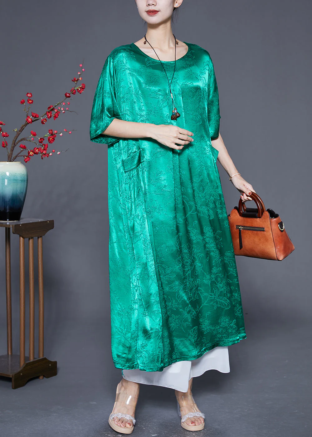 Fluorescent Green Silk Maxi Dresses O-Neck Pockets Summer - Image 2