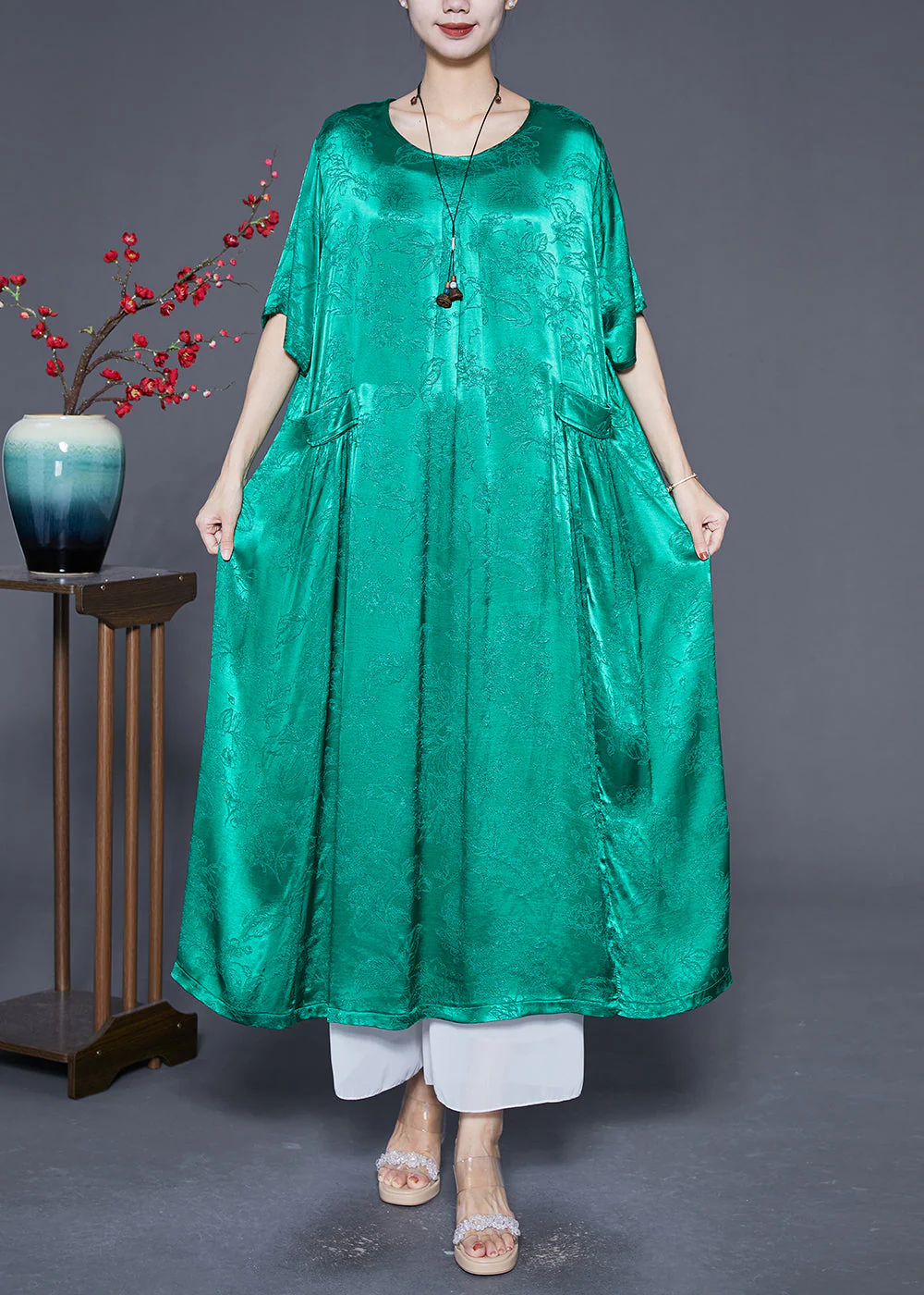 Fluorescent Green Silk Maxi Dresses O-Neck Pockets Summer - Image 3