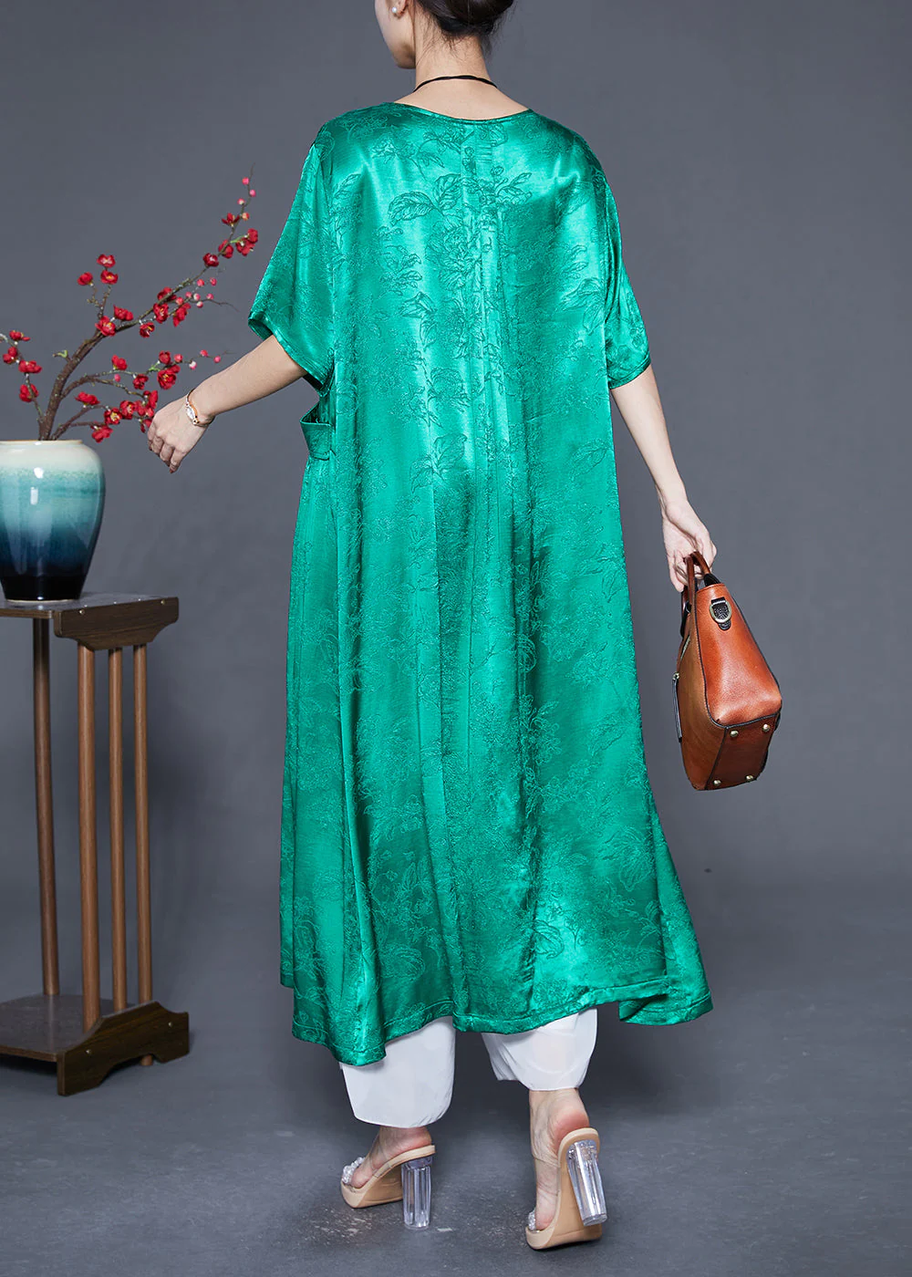 Fluorescent Green Silk Maxi Dresses O-Neck Pockets Summer - Image 4